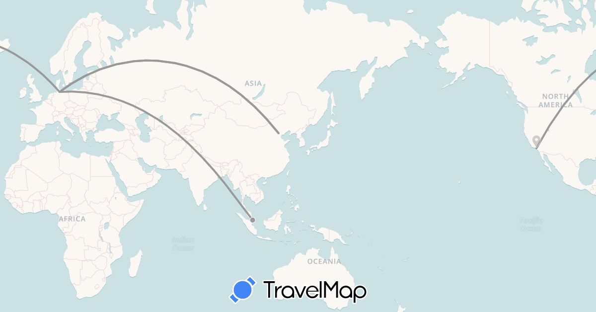 TravelMap itinerary: driving, plane in China, Germany, Singapore, United States (Asia, Europe, North America)